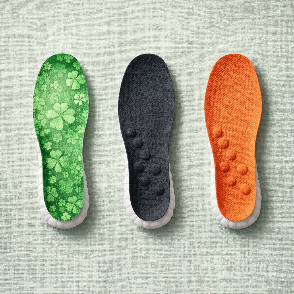 Massasje innleggssåler i fargene orange, grønn og grå fra Skritt