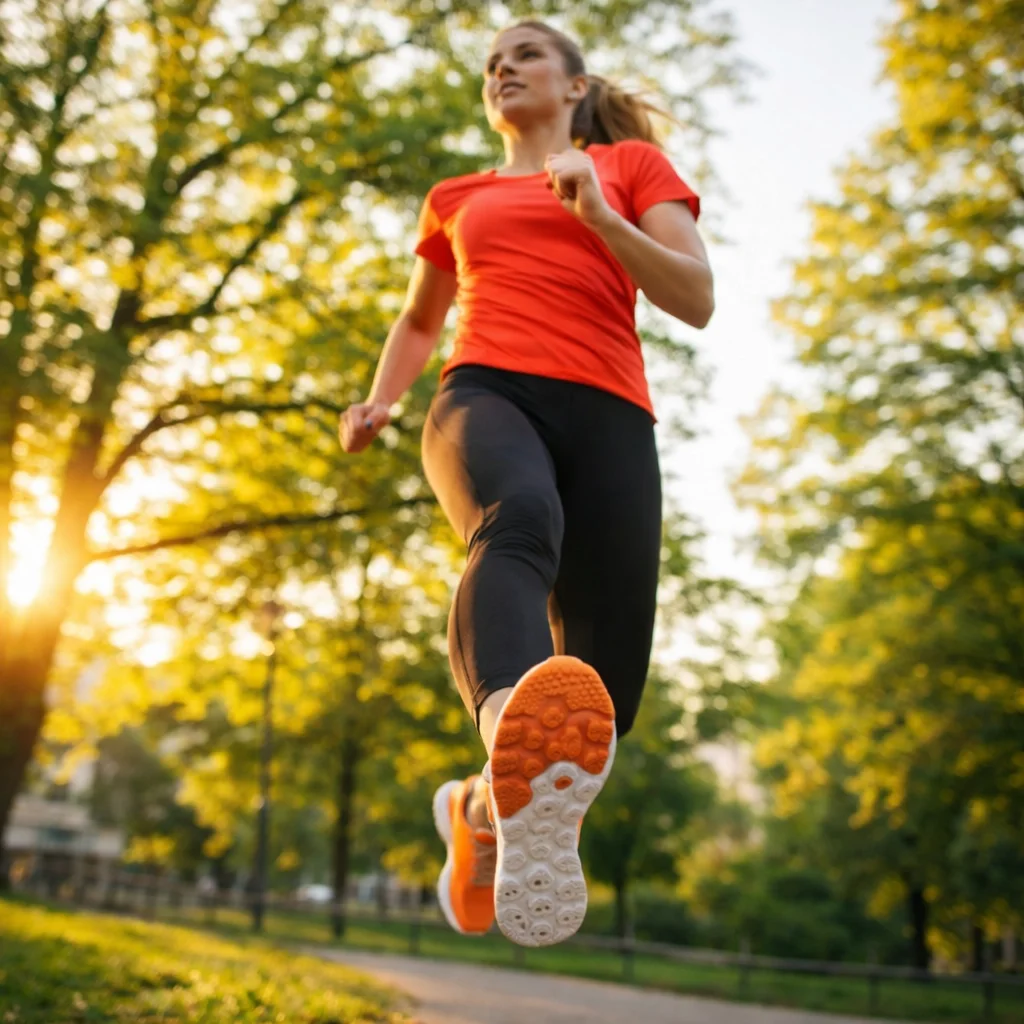 Massasjesåler for trening brukt av aktiv kvinne ute på løpetur i norsk by